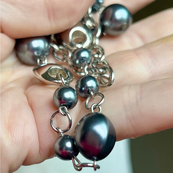 Necklace silver/gray beads black ribbon asymmetrical  jewelry - Picture 7 of 15